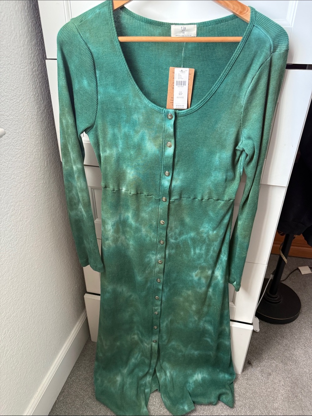 Anthropologie Green Tie-Dye Long Sleeve Button-Front Midi Dress